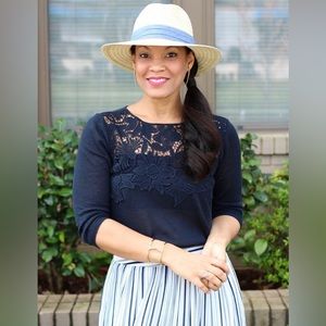 J. Jill Navy Lace Apliqué pullover Linen-Cotton Blend Sweater bloggers favorite